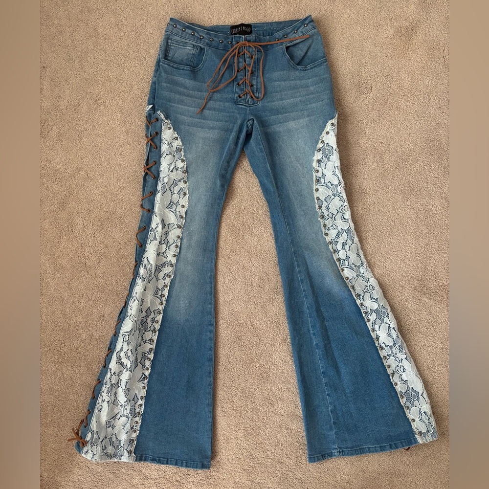 DOLLS KILL Crochet Lace-Up Flare Jeans